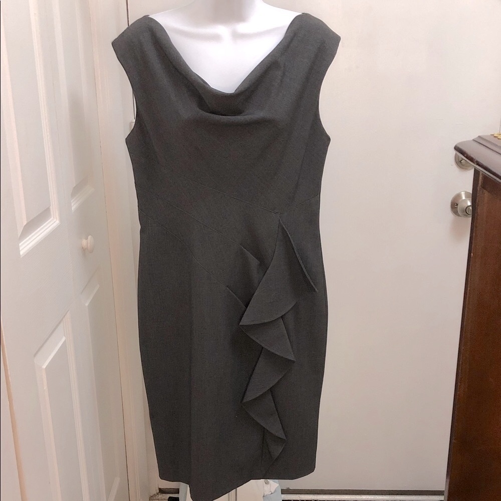 CALVIN KLEIN CHARCOAL GRAY DRESS • RUFFLE DETAIL • SLEEVELESS • Sz 14 - Picture 14 of 14